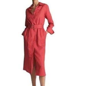 New Reiss Emily Belted Linen Blend Midi Shirtdress (Missing Belt) Pink Size 6